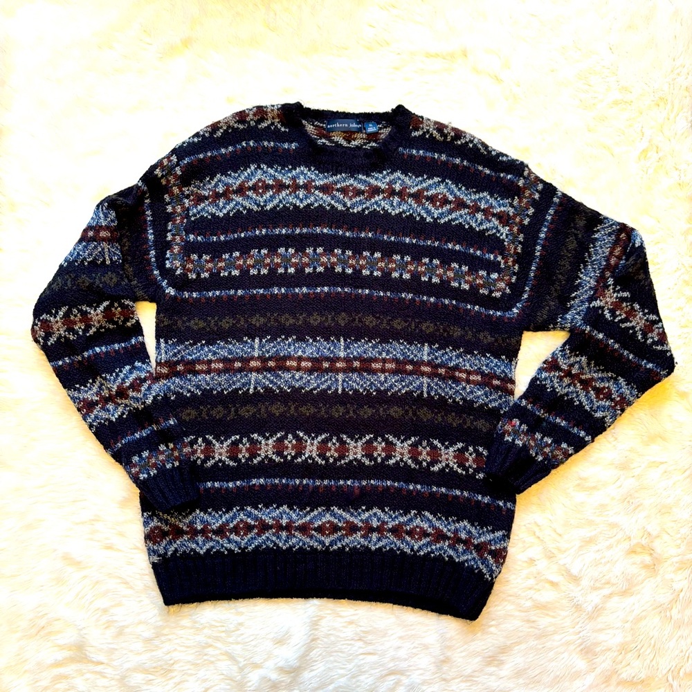 Vintage Northern Isles Blue & Brown Medium Knit Fair Isle Sweater Mens XL